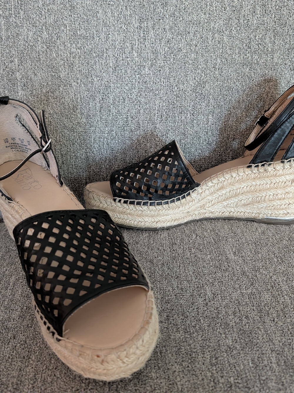 Franco Sarto Black Leather Espadrille Wedge Sandals